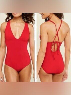 ANDIE Red One Piece Plunge Low Cut Back Tie Swimsuit Size XL